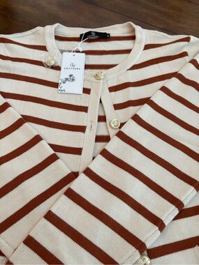 Lillusory Cream & Rust-Striped Button Cardigan